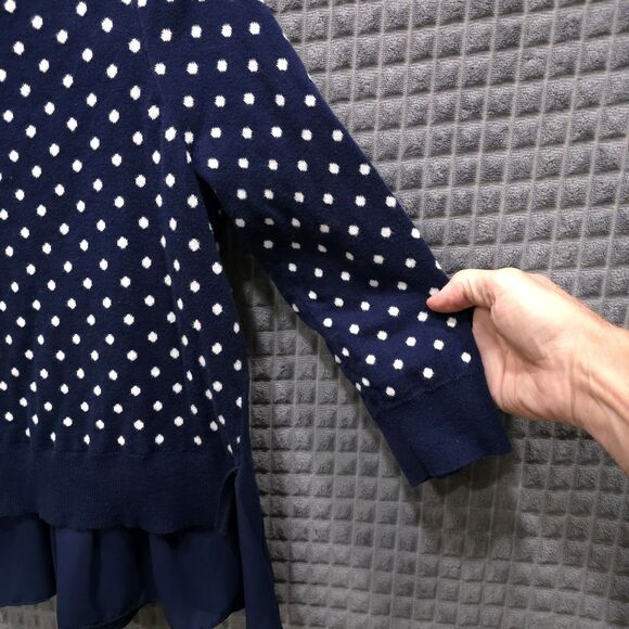 Navy Polka Dot Ruffle Sweater SzM 3/4 Sleeve Preppy Coastal Cottage Soft Stretch - Picture 4 of 13